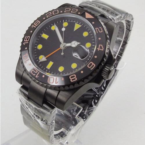 40MM Black Sterile Dial Sapphire Glass Ceramic PVD Coated GMT Movement Clear Glass Back Automatic Mens Wristwatch