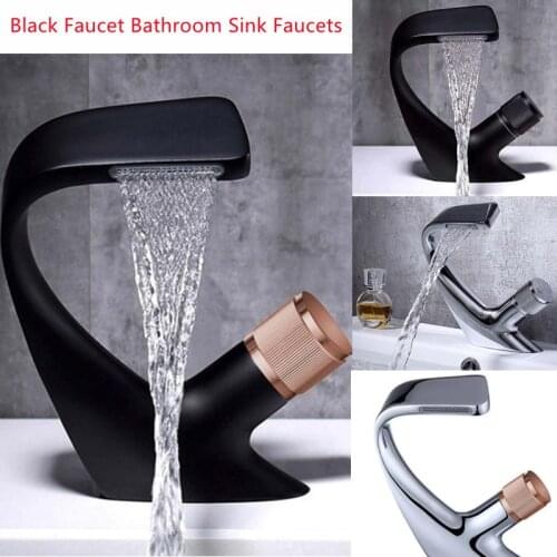 Black Faucet Bathroom Sink Faucets Hot Cold Water Mixer Crane Deck Mounted Single Hole Bath Tap Chrome Finished