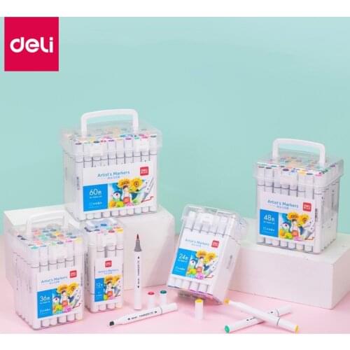 Deli Art Markers 12/24/36/48/60 Colors Double-headed Marker Pen Set Drawing Art Pens Kawaii Stationery Beautiful Prize for Kids