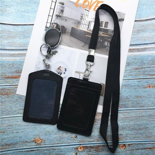 Badge Holders Vertical PU Leather ID Badge Card Holder with Detachable Neck Lanyard Strap Retractable Badge Reel ID Card Holders