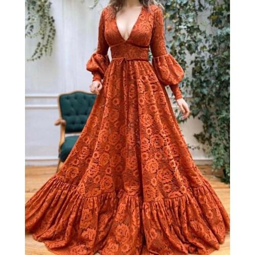 Long Lace Prom Dresses 2021 Long Puffy Sleeves Deep V Neck Formal Evening Party Dress Robe De Soiree
