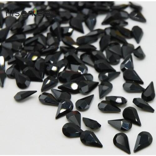 Hisenlee Glass Teardrop Pear Shape 100Pcs Black Shine Crystal Clear Rhinestone Pointback Stones Jewelry Dress Making DIY