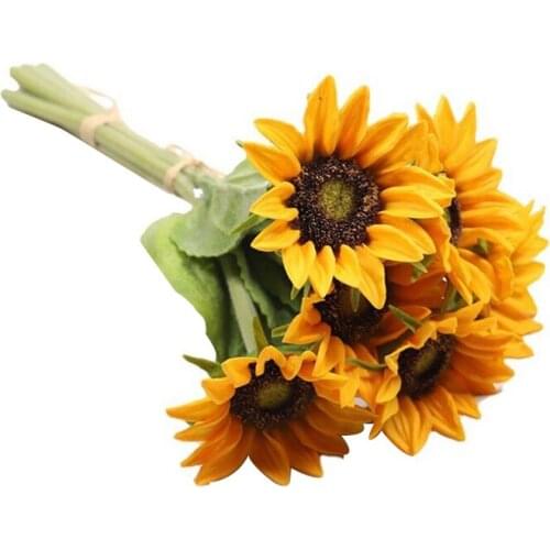 6 Pcs Artificial Sunflower Bouquet Fake Sunflowers with Stems for Wedding Bride Bridesmaid Holding Flower for Home Hotel