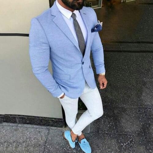 Costume Homme Light Blue Men Suits for Wedding Men Suits with White Pants 2 Pcs Slim Fit Terno Masculino Men Trajes Jacket Pant
