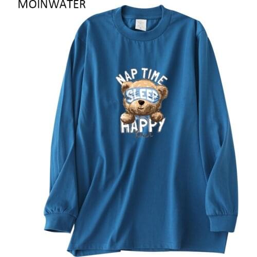 MOINWATER New Women Cartoon Bear Print Long Sleeve T shirts Female Blue Fashion Oversized Casual Tees Tops for Autumn MLT2129