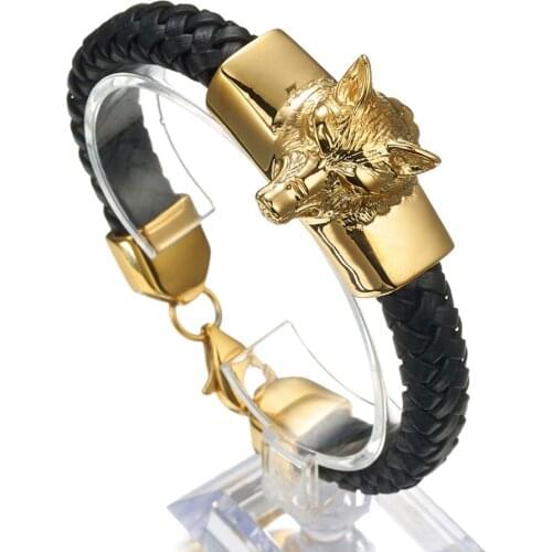 Hip hop Black Braided Genuine Leather Stainless Steel Gold Wolf Head Biker Jewelry Mens Bracelet Bangle 8.26" Jewelry Gift15mm