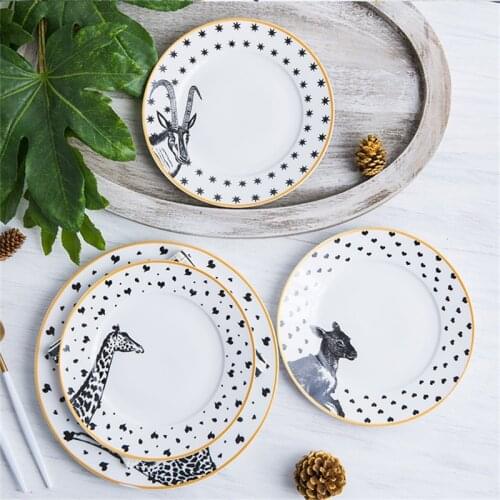 2Pcs Ceramic Dinner Plates Set Animal Combined Fox Elk Giraffe Zebra Pattern Dish 8/10inch Steak Breakfast Cake Fruits Tableware