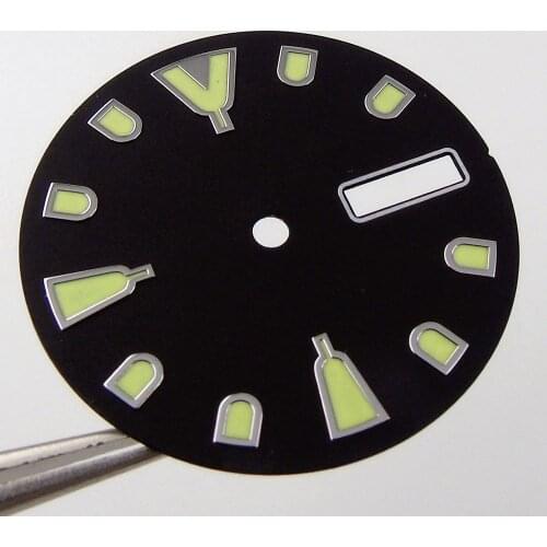 New 29mm Steel Green Luminous Marks Sunburst Black Watch Dial Face fit NH36A Double Date Window