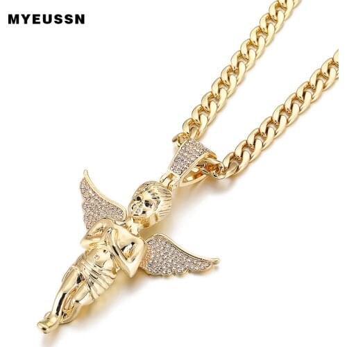 Praying Wings Angel Necklace&Pendant Iced Out Crystal Charm Gold color Chain Necklace For Men Fashion Hip Hop Jewelry Gift