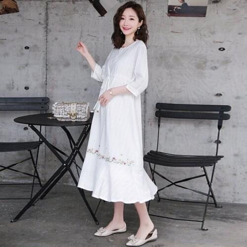Summer Pregnant Women Embroidery 100%Cotton Dresses Maternity White Half-length Sleeve Dress Pregnancy Party Dress Loose Clothes