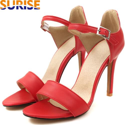 Casual Woman PU Leather Sandals 10cm High Thin Spike Heel Open Toe Ankle Buckle Strap Black Concise Office Lady Summer Stiletto