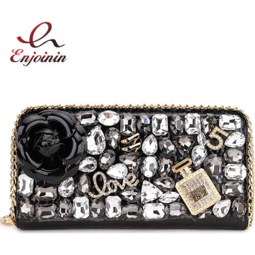 High Quality Luxury Diamond Flower Coin Purse Card Holder Long Wallets Fashion Women Clutch Bag Money Bag Zipper Bag Pu Leather