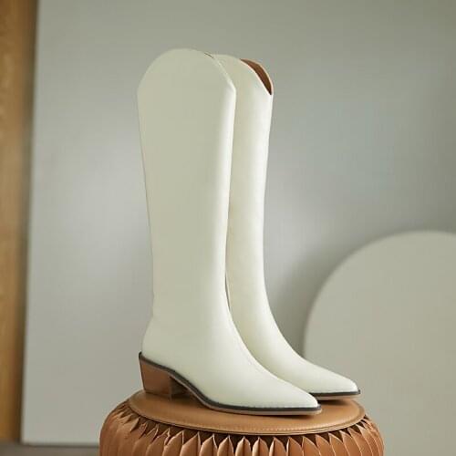 MEZEREON Cow Leather Thigh High Boots Pointed Toe Western Riding Equestrian White Boots Med Heel Fashion Winter Shoes With Zip