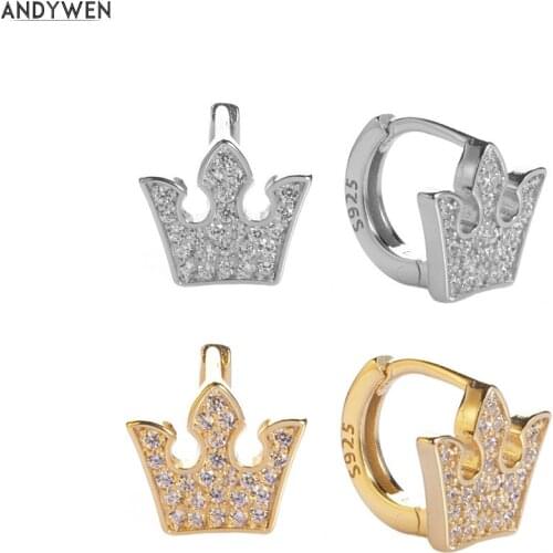 ANDYWEN 925 Sterling Silver Queen Huggies Crystal CZ Hoops Small Circle Round Jewelry Luxury Ohrrigne Piercing CZ Earring