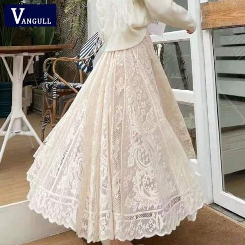 Vangull Elastic Casual High Waist Lace Skirts Women Summer 2021 New Korean A-line Black Fine Sand Net Long Sweet Female Skirt