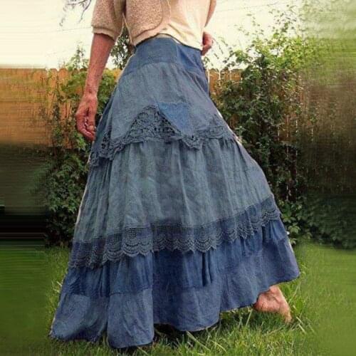 Big Hem Printed Cake Linen Long Skirts Women Plus Size 5XL Summer Autumn Patchwork High Waist Maxi Skirt Sweet Ladies Bottoms