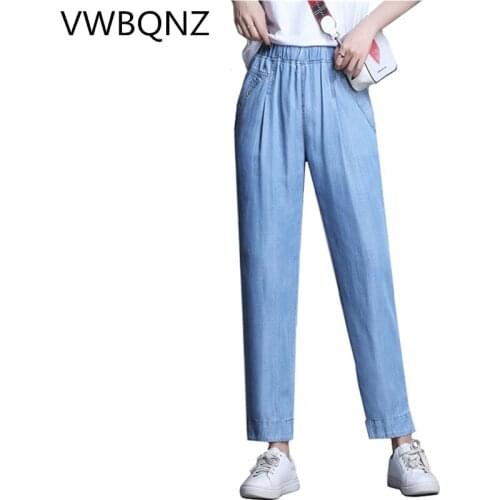2020 Summer New Womens Jeans Fashion Large size Elastic waist Loose Casual Pants Solid Thin Denim Nine Pants With Pocket 4XL