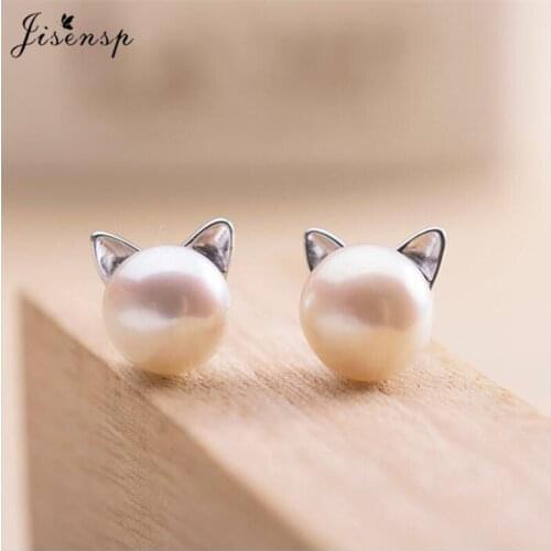 Jisensp Korean Style Adorable Cat 925 Sterling Silver Earrings Crystal White Pearl Stud Earrings for Women Fashion Accessories