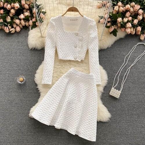 2021 Autumn Skirt Outfit Women Korean Slim Fit Square Collar Long Sleeve Coat Top+High Waist A- Line Skirt Two-Piece Set Fashion