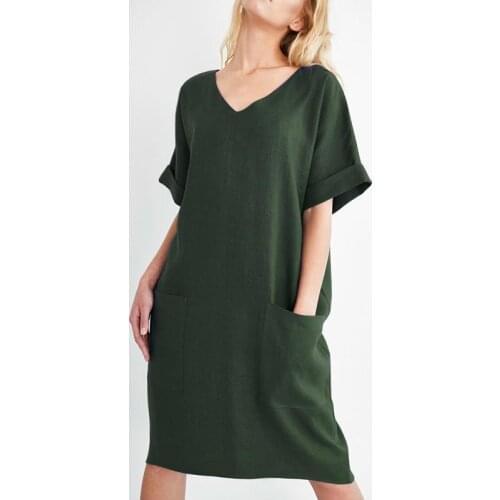Womens Casual Ladies Plus Size Basic Solid Multicolor Summer Dresses Short Sleeve V-Neck Pocket Pullover Knee-Length Sundress