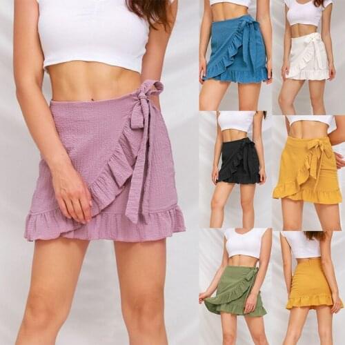 Womens High Waist Pleated Hem Tie Wrap Dress Summer Casual A-Line Overlapping Skirt