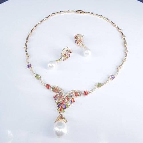 2020 new fashion colorful zircon shell pearl golden necklace earrings,wedding bride dinner party dress jewelry free shipping