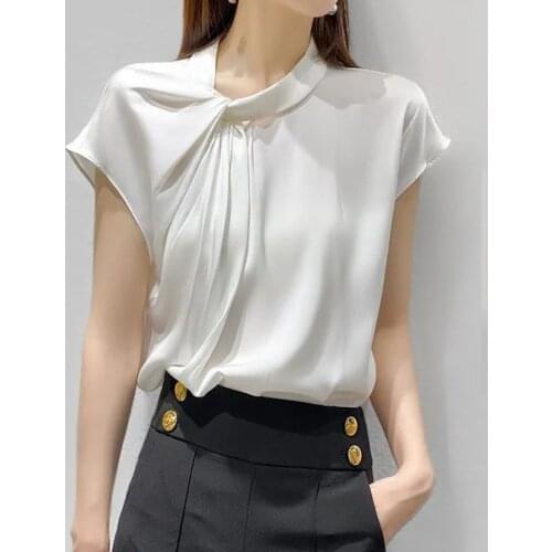 White short-sleeved heavy silk shirt women 2021 Amoi chic design niche mulberry silk top blusones de mujer fashion Silk