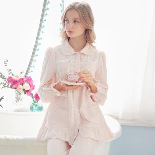 Free Shipping New Autumn Princess Womens Pink and Purple Pajamas Pants Set Lace Decoration Sleepwear Gril Home Cloth