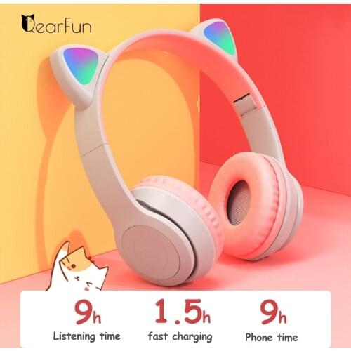 RGB Cute Cat Bluetooth Wireless Children Headphones with Mic, Stereo PC Gamer Headsets for Girls Kids Cell Phone Gaming Earphone