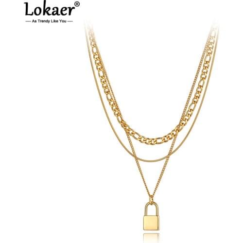 Lokaer Titanium Stainless Steel Lock Charm Pendant Necklaces Jewelry Fashion Bohemia Three Layer Chain Necklace For Women N20260