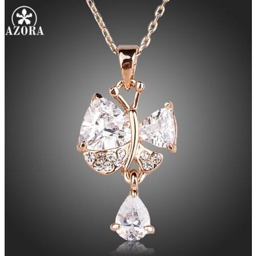 AZORA Flying Butterfly Rose Gold Color With Clear Cubic Zirconia Pendant Necklace TN0130