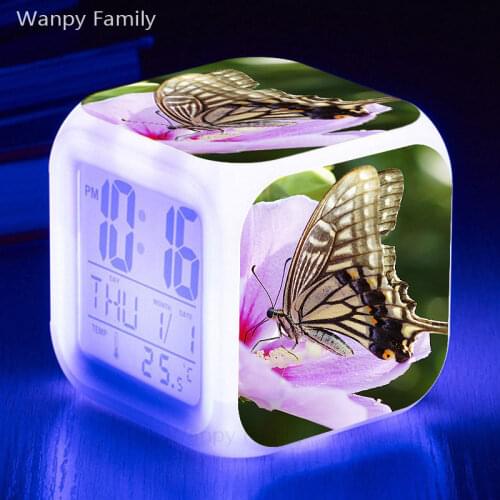 Very Beautiful Butterfly Alarm Clock 7 Color LED Glowing Digital Alarm Clock Kids Room Desktop Multifunction Flash Watche Clock