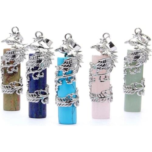 FYJS Unique 10 Pcs Silver Plated Chinese Phoenix Wrap Many Colors Quartz Stone Cylinder Pendant Classic Style Jewelry