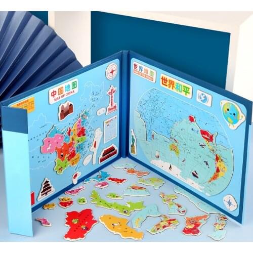 Magnetic Map of the World of China Book Clip Two-in-One Wooden Magnetic Geographical Puzzle