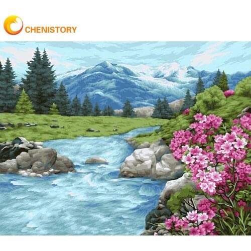 CHENISTORY Oil Paint By Numbers For Adults Hand Painted DIY Gift Mountain River Landscape Picture 40x50cm Frame Acrylic Draw Cra