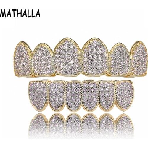 MATHALLA 6 Teeth Hip Hop Teeth Grillz Pink CZ Stone Micro Pave Top and Bottom Dental Jewelry Women Jewelry