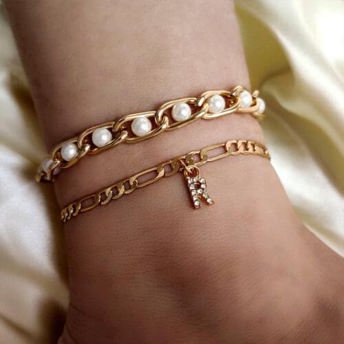 2Pcs/Set Trendy Pearl Beads Anklets Bracelet for Women Gold Color Crystal Letter Foot Chain Female Beach Sandals Anklet Jewelry