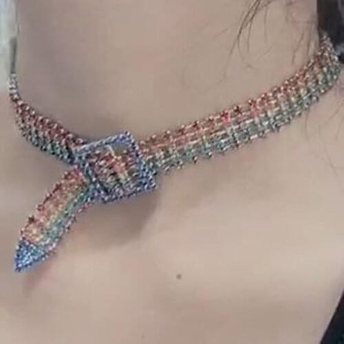 Original rainbow Rhinestone Minimalism Faux Leather Belt Buckle Collar Choker Punk Style Necklace 2019