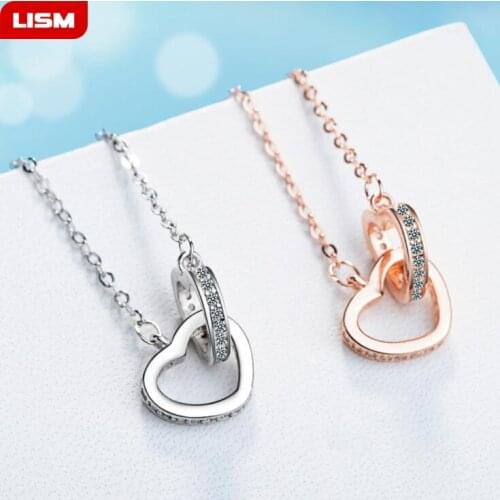 Lovers' Double Heart Circle Pendant Necklace Silver Plated Trendy Necklace Zircon Jewelry Accessory for Women Girls Gift