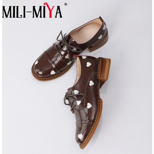 MILI-MIYA New Design Heart Women Full Genuine Leather Pumps Lace-Up Square Heels Round Toe Office&Career Shoes Size 34-40