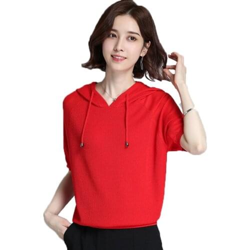 Summer Loose Hooded T-Shirt Ladies Thin Ice Silk Short Sleeve Top Tees Clothes Women Pure Color Casual Fashion T-Shirts Female