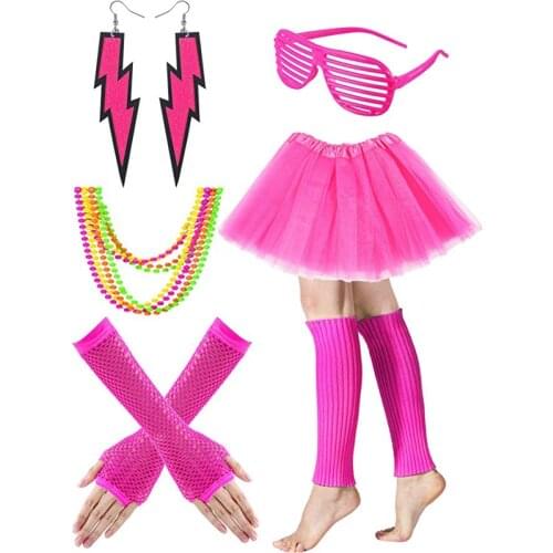Cosplay Costumes Womens 80s Costume Accessories Set Adult Tutu Skirt Leg Warmers Fishnet Gloves Earrings Necklace Shutter Glass