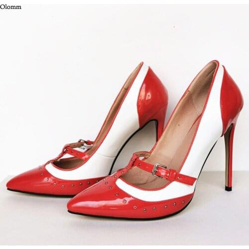 Olomm New Women Pumps T-strap Patent Leather Studs Stiletto Heel Pointed Toe Gorgeous Multi Dress Party Shoes Women US Size 5-15
