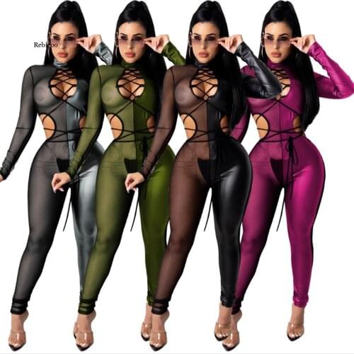 Women Casual Jumpsuit Long Sleeve Turtleneck Backless Strings Mesh Bodysuit High Street Elastic Skinny Ladies Outdoor Wears
