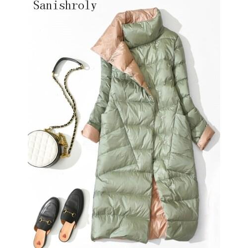 Double Sided Coat 2021 Autumn Winter Women Long Plaid Down Jacket Female Single-breasted Warm Light White Duck Down Coats Parka