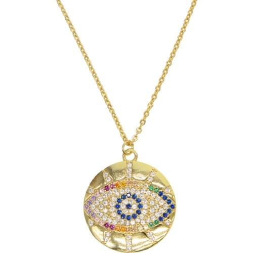 45+5cm chain luxury women necklace pave multi rainbow cz stone evil eye pendant 2019 new arrival coin charming wedding jewelry