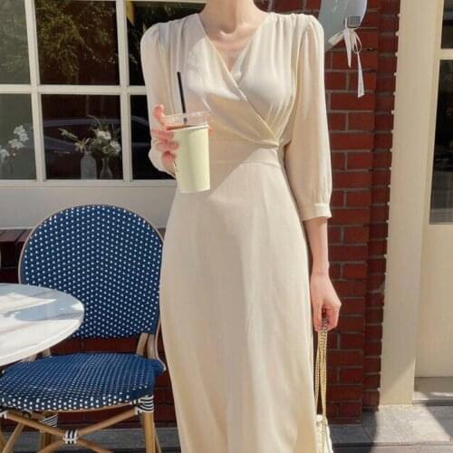 Korean Chic Elegant Robe Femme Temperament Slim V Neck Short Sleeve Chiffon Dress Women One Pieces Vestido Feminino