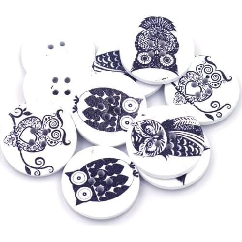 10Pcs Mixed Owl Pattern Round Wood Sewing Buttons 4 Holes for Clothes Art Crafts Scrapbooking Knitting Making 30mm(1 1/8")