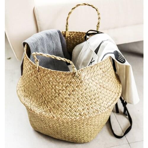 Handmade Bamboo Storage Basket Folding Laundry Basket Straw Wicker Rattan Seagrass Belly Garden Flower Pot Plant Woven Basket
