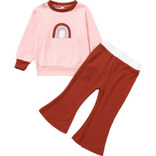 Lioraitiin 1-6Years Toddler Baby Girl 2Pcs Fashion Long Sleeve Flared Pants Rainbow Print Elastic Waist Classic Autumn Clothing